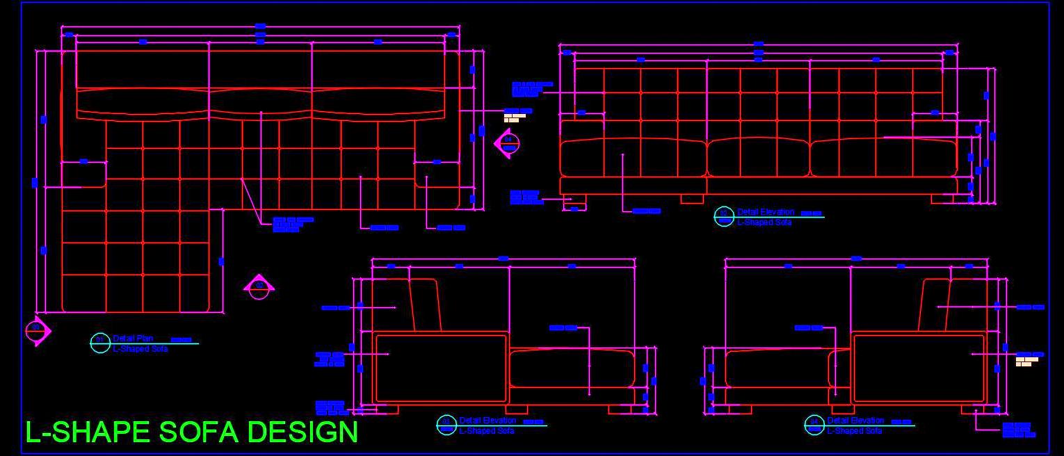 L-Shape Sofa AutoCAD File- Plans, Elevations, Sections